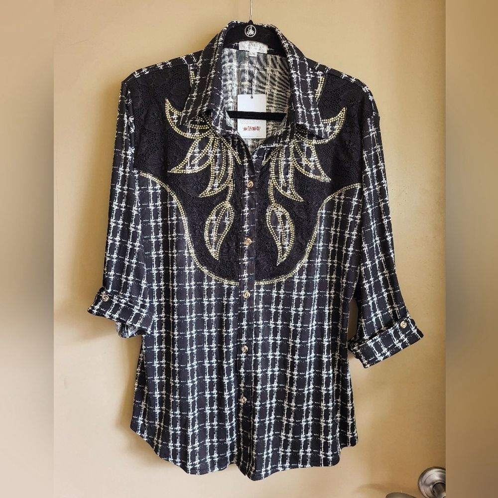 Tamsy Black Plaid Crystal Leaf Western Blouse